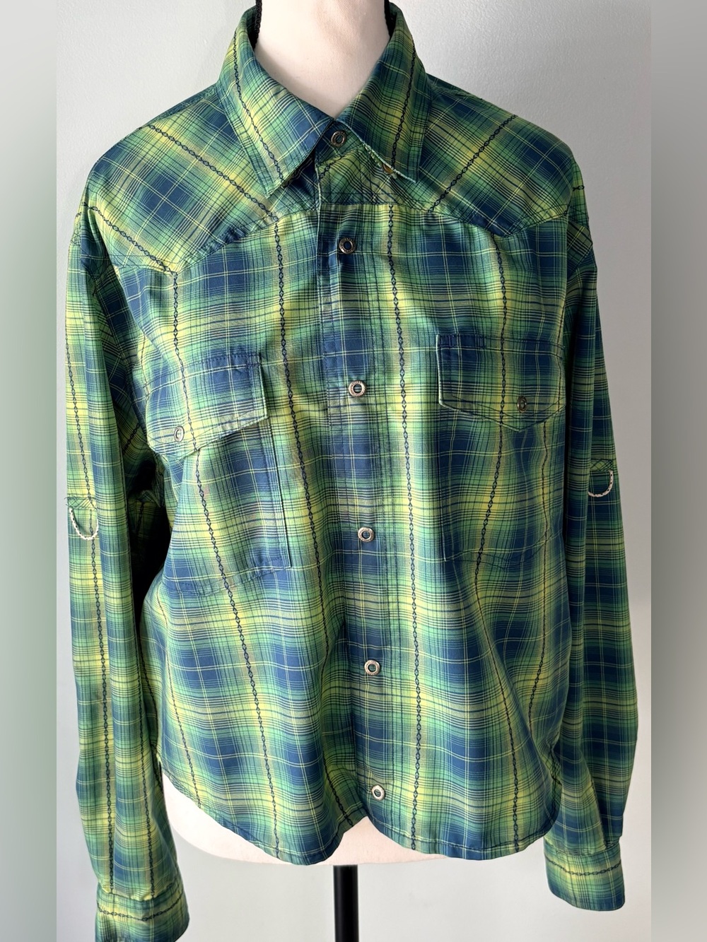 Magellan Outdoors Green and Navy Plaid Snap Up Shirt